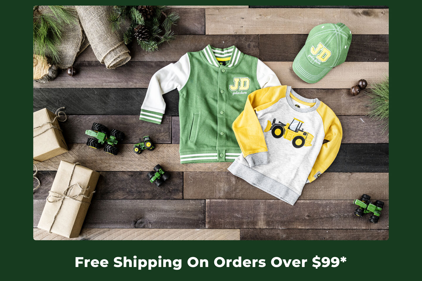 Image collage of John Deere clothing, hats, tumbler cups, toys, workshop, and kids clothing